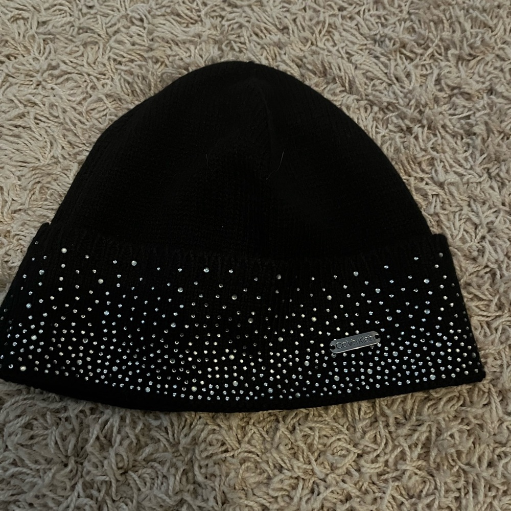 Calvin Klein Black and Silver Studded Knit Hat